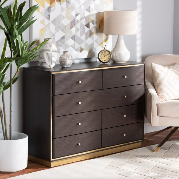 Baxton Studio Cormac Modern & Contemporary Espresso Brown Finished Wood and Gold Metal 8-Drawer Dresser 203-12604